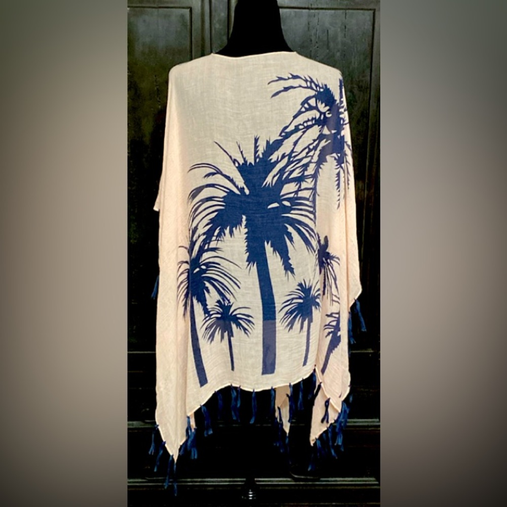 Blue Palm trees on pink with fringes sheer poncho/ coverup - 1 size